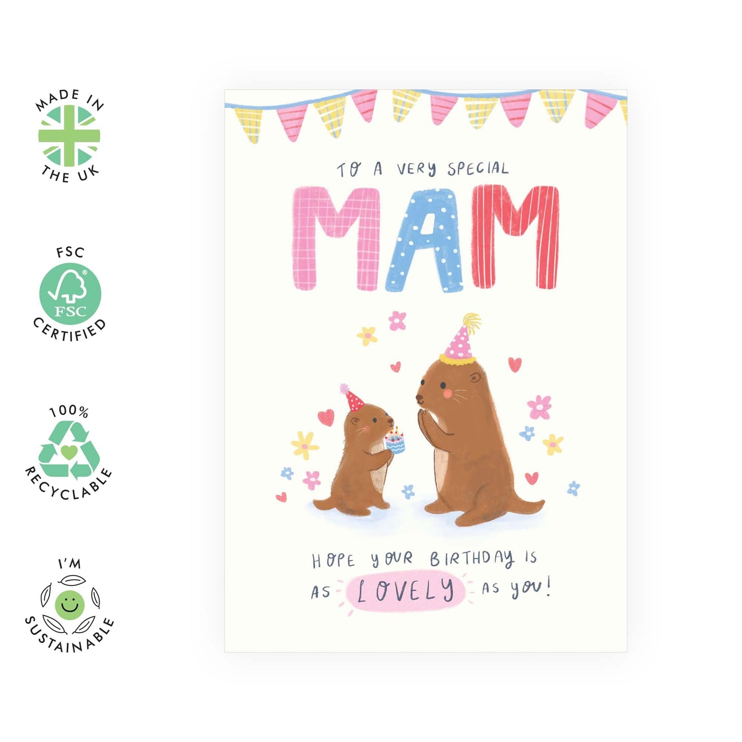 Lovely Mam Birthday Card - 'Otter Mam' - Presents for Mum, Mother, Ma, Mammy, Mama from Kids, Children, Family - Heartfelt Mothers Day Card for Her - Bday Party & Cake - Comes with Fun Stickers