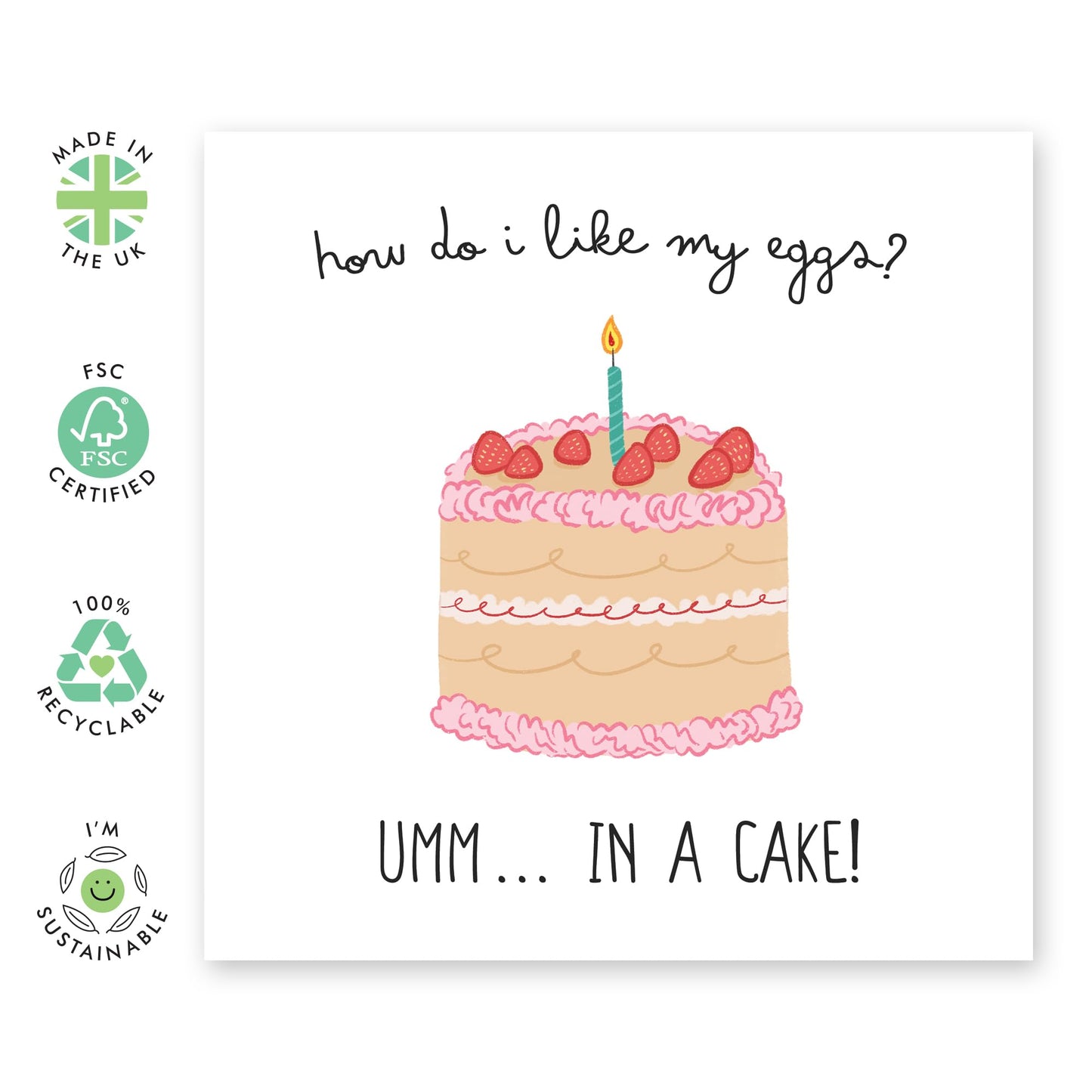 Cute Birthday Card - 'I Like My Eggs In A Cake' - Gifts for Best Friends, Besties, BFF, Girlfriends, Coworkers, Family, Colleagues - Strawberry Cake Candle - Comes with Fun Stickers