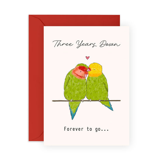3rd Anniversary Card for Couples – Romantic Greeting Card “Three Year Down Love Birds” - Gifts for Wife, Husband, Spouse, Partner, Him, Her - Third Year Together -Comes with Stickers