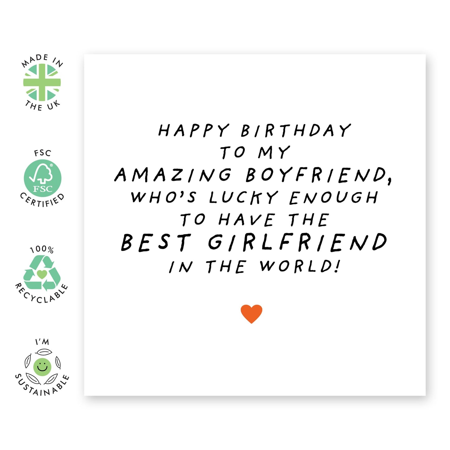 Amazing Birthday Card for Him - 'Boyfriend From Your Girlfriend' - Presents for Babe, Other Half, Honey, Hun - Lucky To Have - Comes with Fun Stickers