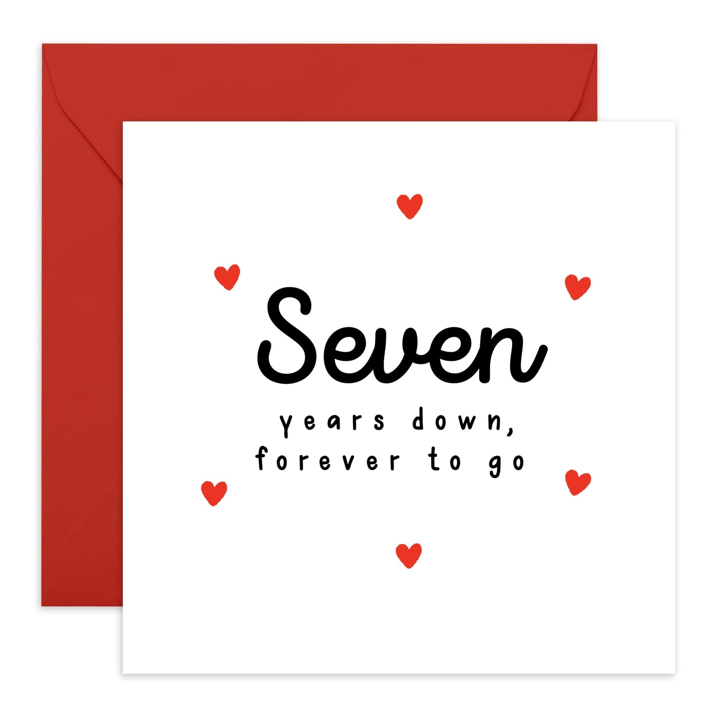 7th Anniversary Card For Him Her - 'Seven Years Down' - Gifts for Babe, Girlfriend, Boyfriend, Husband, Wife, Spouse - Classic Red Hearts - Comes with Fun Stickers