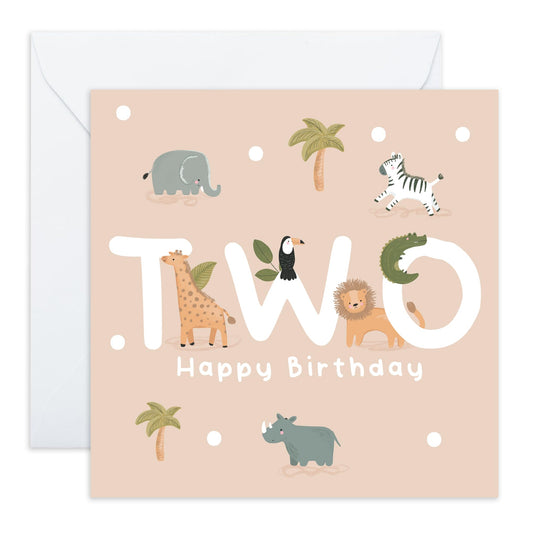 2nd Birthday Card with Cute Safari Animals - 'Safari Birthday Two' - Gifts for Boys, Sons, Girls, Daughter, Toddlers, Kids, Children, Family - Second - Comes with Fun Stickers