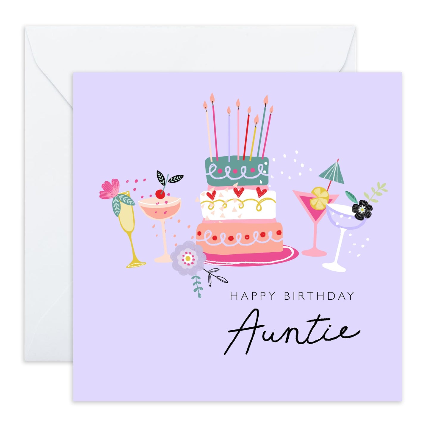 Happy Birthday Auntie Greeting Card - Cakes Cocktails Purple Cards And Envelopes - Aunt Birthday Card For Her - Heartfelt Gifts For Women Female Tia Aunty - Comes With Stickers By Central 23