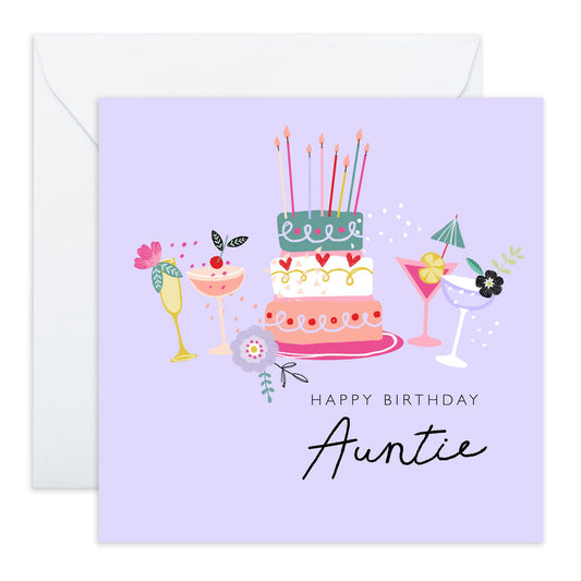 Happy Birthday Auntie Greeting Card - Cakes Cocktails Purple Cards And Envelopes - Aunt Birthday Card For Her - Heartfelt Gifts For Women Female Tia Aunty - Comes With Stickers By Central 23