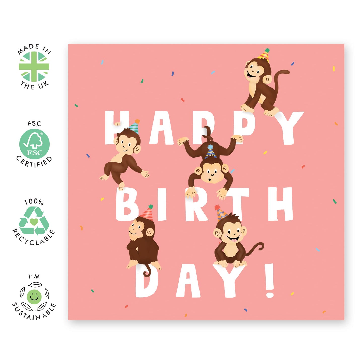 Kids Birthday Card - Monkey Birthday Card for Boy - Happy Birthday Letters Monkey - Cute Animals Birthday Cards for Girls - Pink - Comes With Fun Stickers - Made in the UK by Central 23 - Recyclable