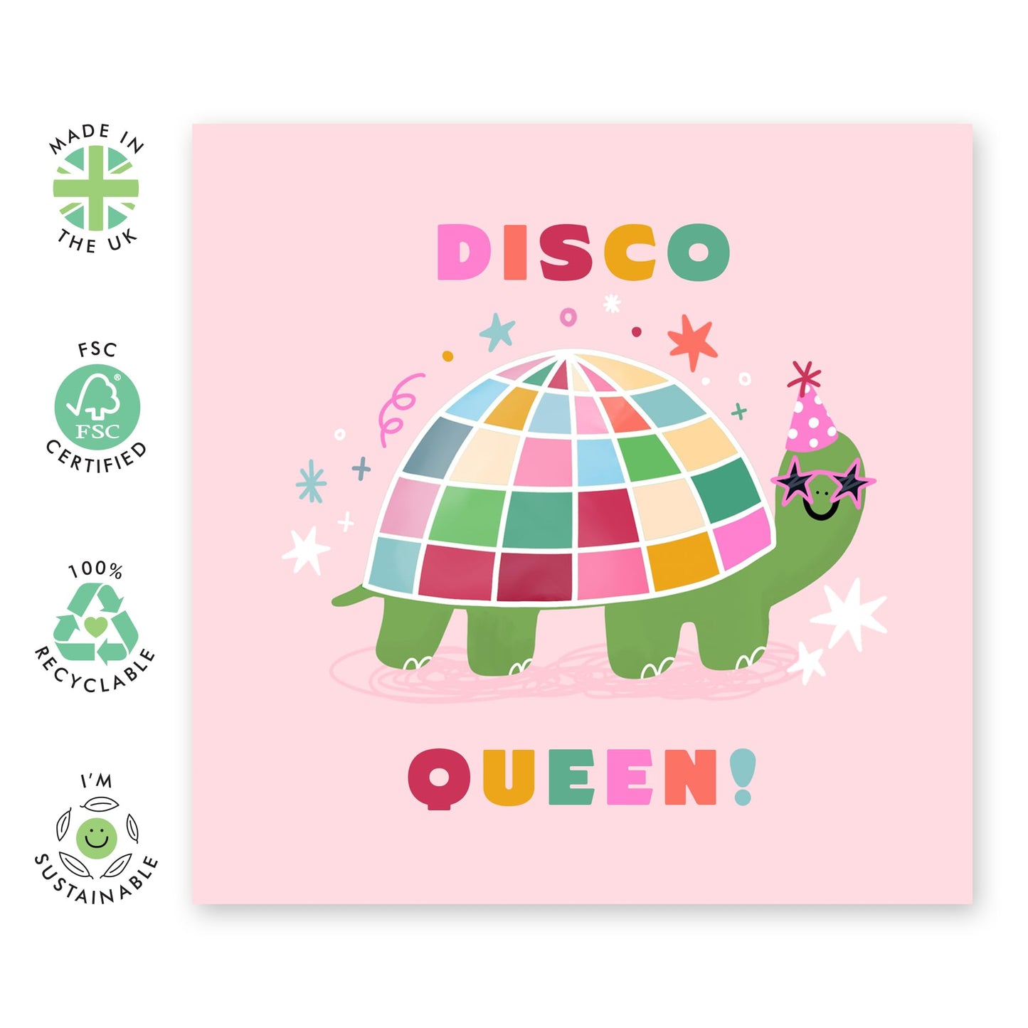 Colourful Birthday Card Turtle - 'Disco Queen' - Gifts for Best Friends, Besties, BFF,Girlfriends, Sister, Sis, Co-workers, Colleagues, Aunt, Her - Dancing - Comes with Fun Stickers