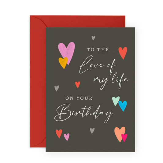 Romantic Birthday Card - 'Love Of Life Birthday' - Gifts for Wife, Husband, Girlfriend, Boyfriend, Him, Her, Spouse, Married Couples, Babe - Red & Blue Hearts - Comes with Fun Stickers