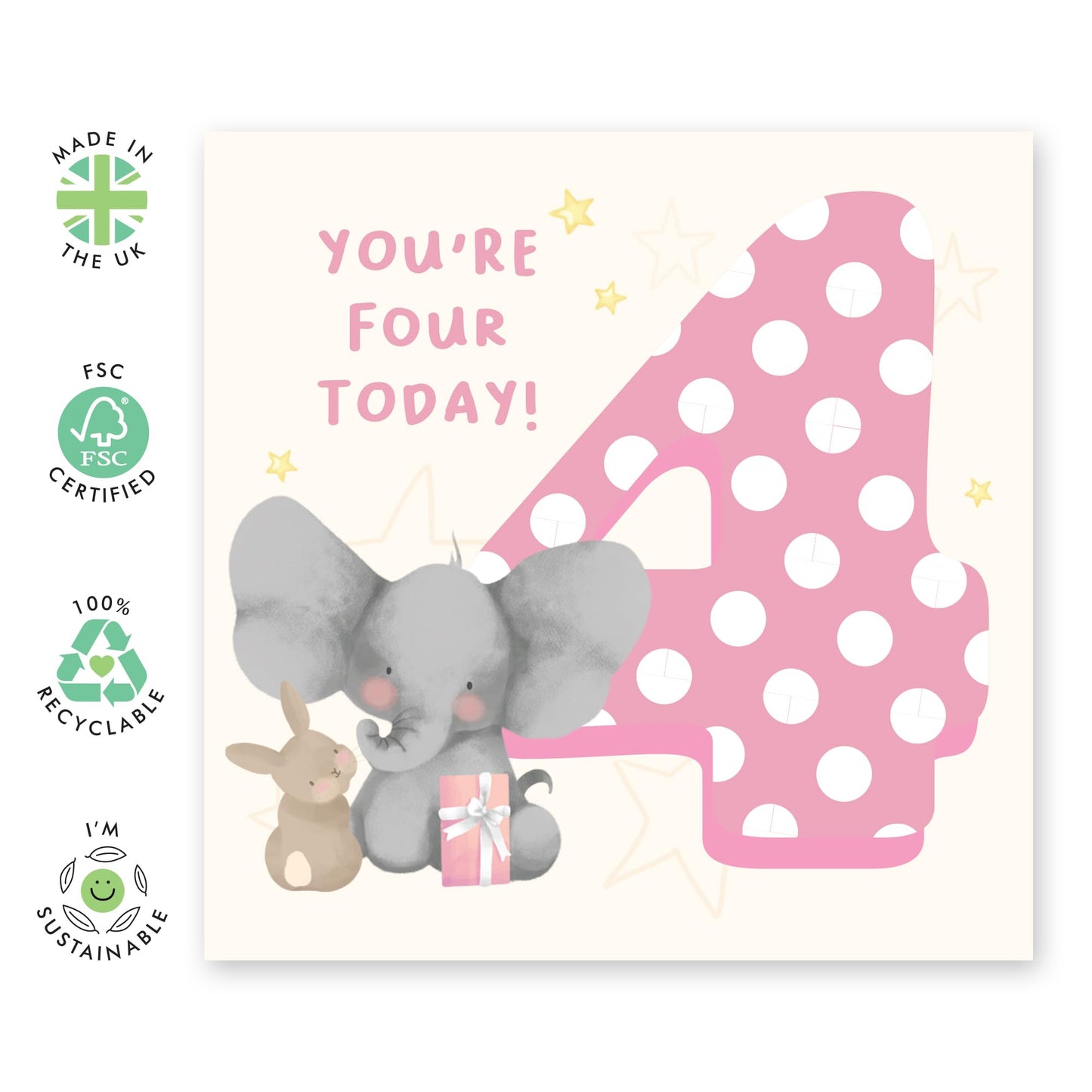 4th Birthday Card For Boys Girls - Elephant Bunny Age 4 - Baby Milestone Cards Age Four - Forth Birthday Cards Niece Nephew - Animal - Gifts Daughter Son Toddlers - Comes With Sticker By Central 23