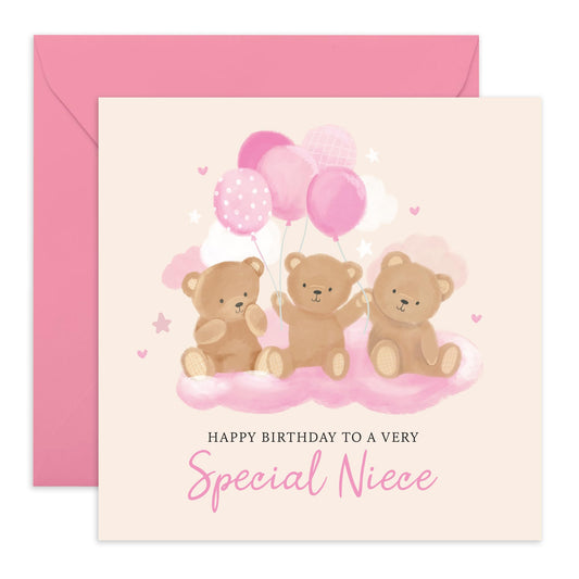 Birthday Card for Girls - 'Teddy Niece Birthday' - Presents for Girls, Kids, Children, Toddler From Auntie & Uncle- Bears and Balloons - Comes with Fun Stickers