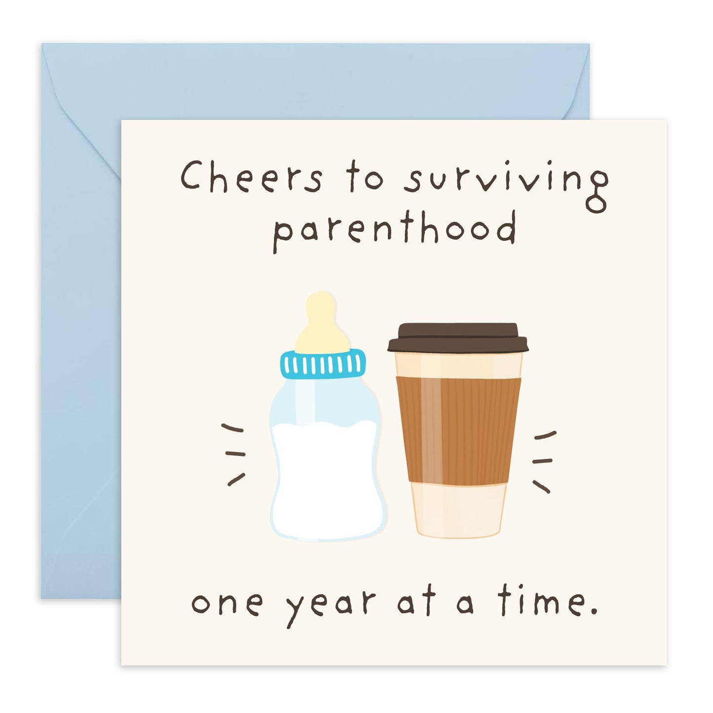 Funny Parenthood Greeting Card - "Cheers to Surviving Parenthood One Year at a Time" - Humorous Card for New Parents, Mum, Dad - Milestone Celebration Card with Blue Envelope