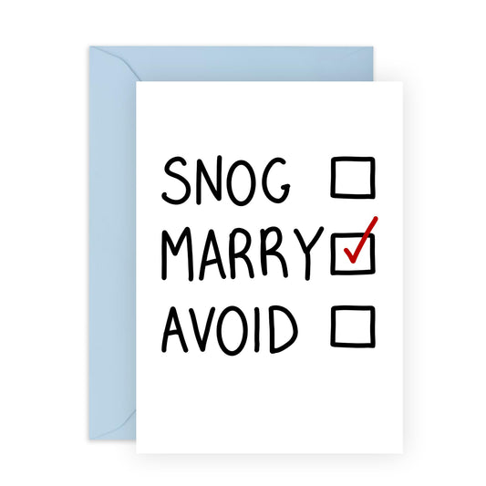 Hilarious Options Engagement Card - 'Snog Marry Avoid' - Gifts for Fiance, Fiancee, Him, Her, Babe, Other Half - List of Choices - Comes with Fun Stickers