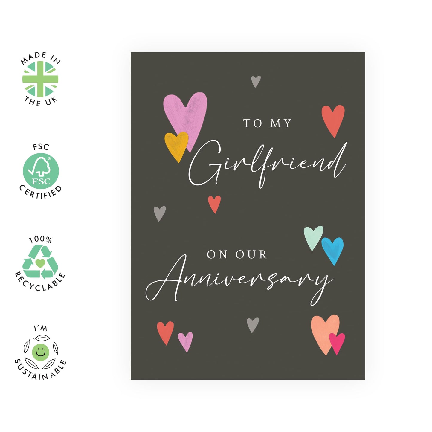 Girlfriend's Romantic Anniversary Card - 'Girlfriend Anniversary' - Gifts for Her, Babe, Other Half, Darling, Ladies, My Girl - Coloured Hearts - Comes with Fun Stickers