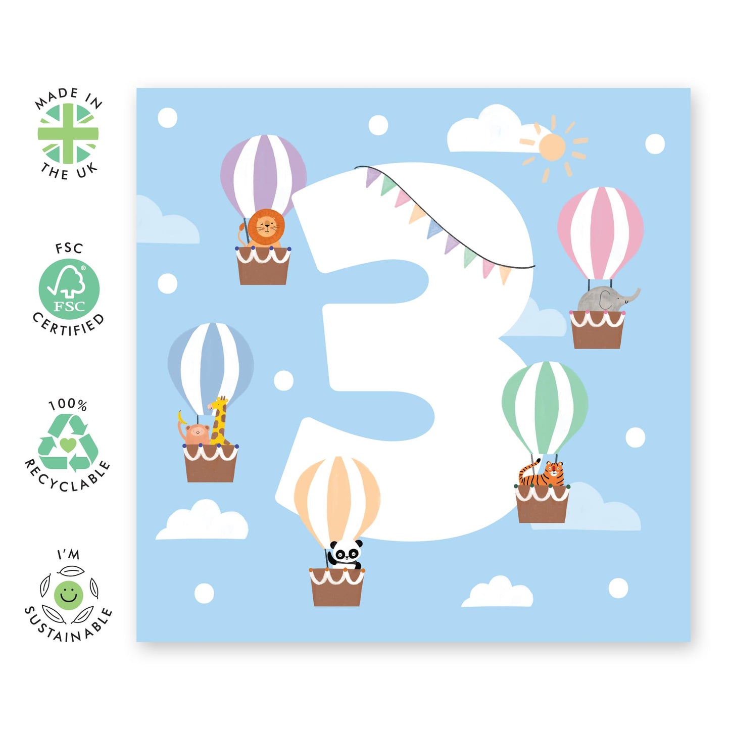 Cute Animals Birthday Card for Kids - 'Hot Air Balloons Three' - Gifts for Nephew, Niece, Grandchildren, Toddler, Children, Boys, Girls - 3 Years Old - Comes with Fun Stickers