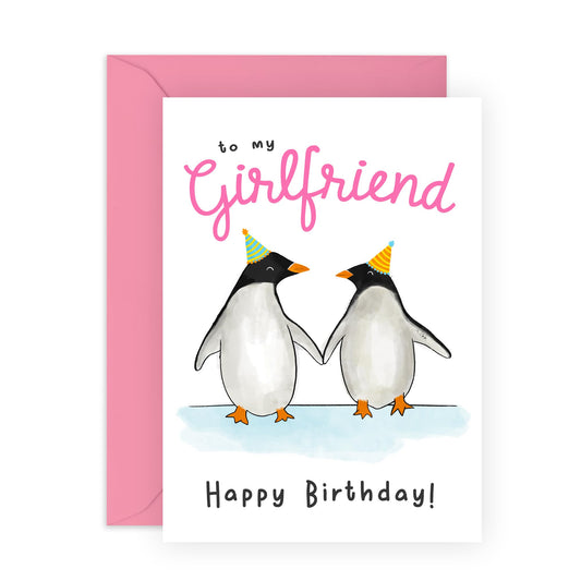 Girlfriend Birthday Card - To My Girlfriend - Birthday Cards For Women - Penguin Gifts For Her - Cute Greeting Card For Fiancee Partner Couple - Comes With Fun Stickers - By Central 23