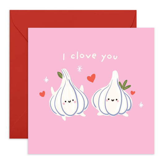Garlic Pun Love Card – "I Clove You" – Gift for Him, Her, Babe, Girlfriend, Boyfriend, Partner, Spouse, Husband, Wife, Sweetheart, Darling - Sweet and Quirky Ideas on Valentine’s Day