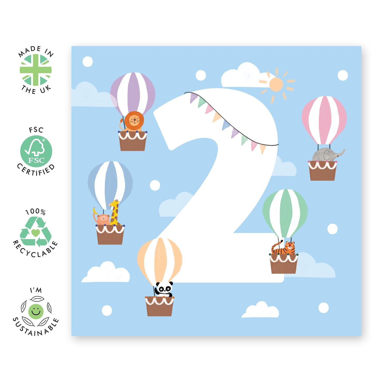 Cute Animals Birthday Card for Kids - 'Hot Air Balloons Two' - Gifts for Nephew, Niece, Grandchildren, Toddler, Children, Boys, Girls - 2 Years Old - Comes with Fun Stickers