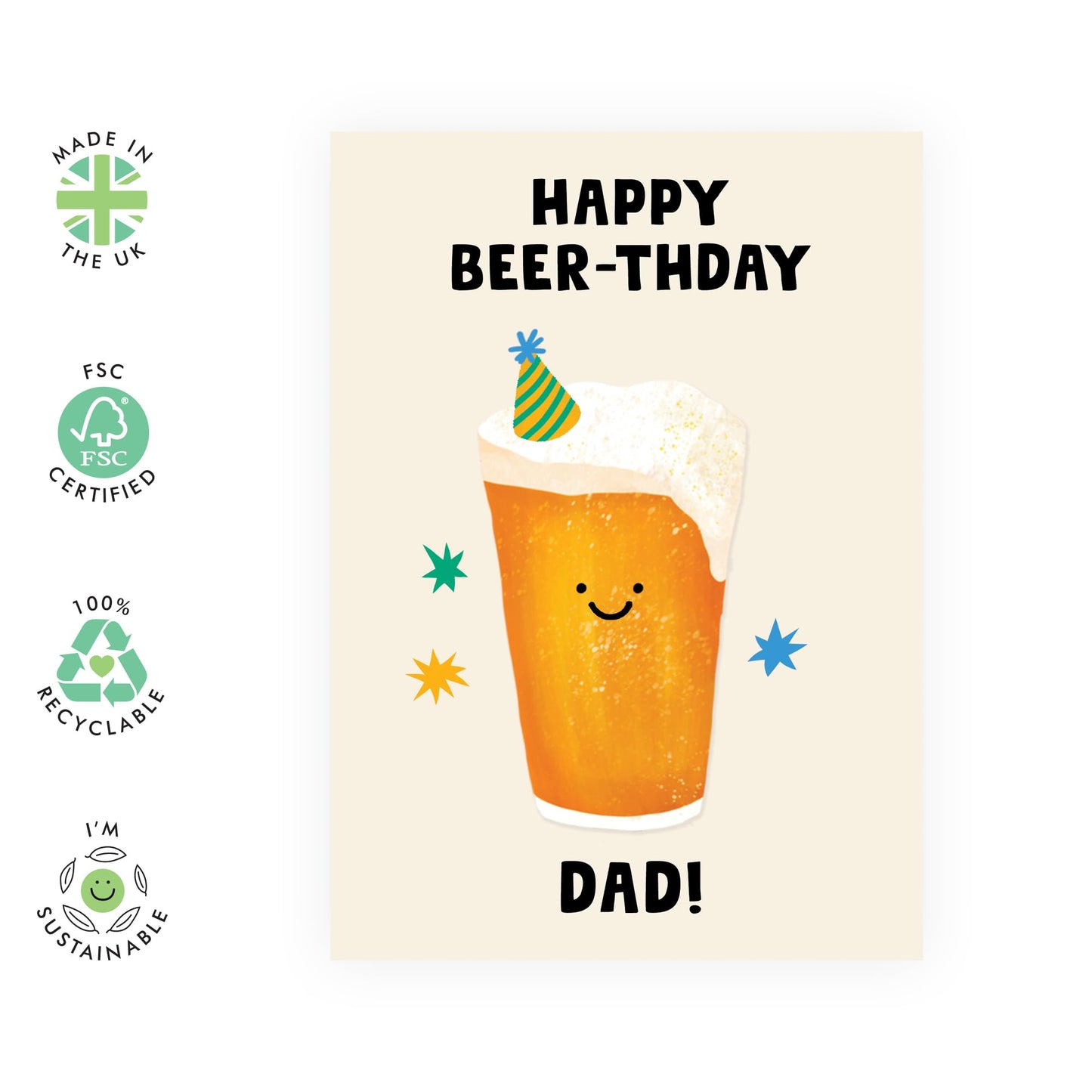 Dad's Birthday Card – 'Happy Beer-thday Dad!' – Humorous Beer-Themed Card for Father’s, Daddy, Papa, Pops– Designed for Beer Lovers - Comes with Fun Stickers