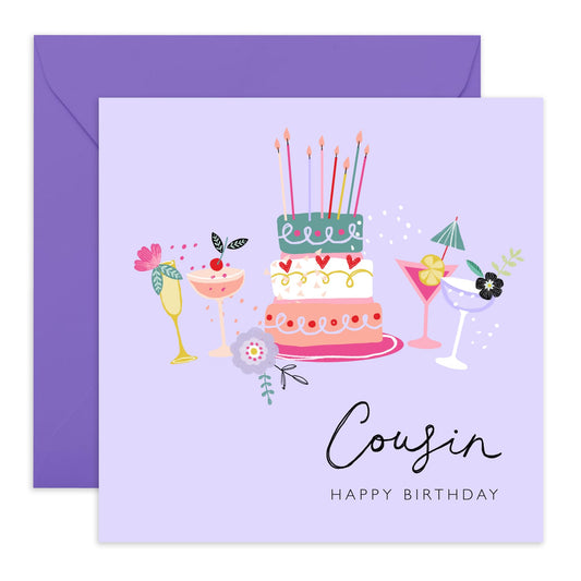 Purple Birthday Cards For Cousin - Bday Cake And Cocktails - Happy Birthday Greeting Cards And Envelopes For Her Ladies Female - Gifts For Women - Comes With Fun Stickers - By Central 23
