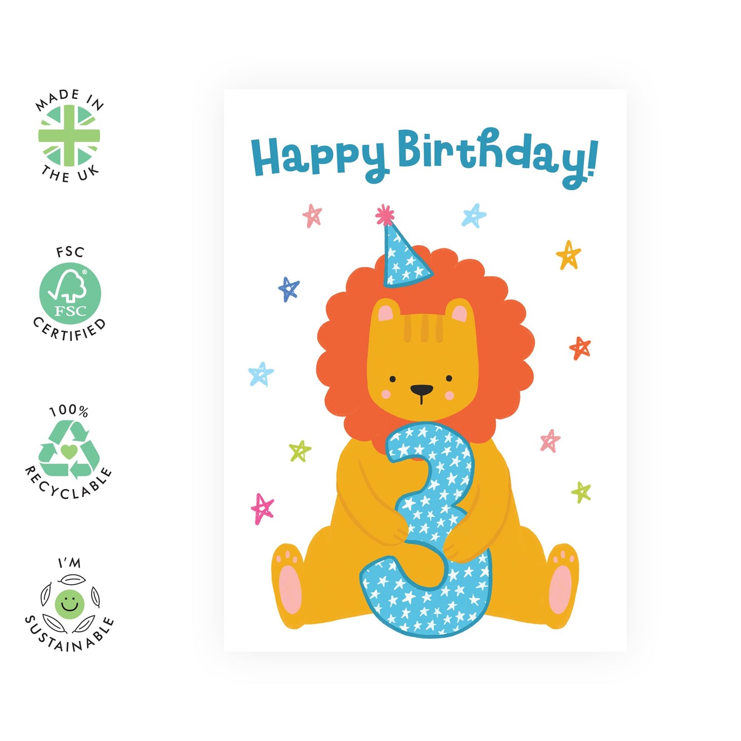 Kids Birthday Cards Age Three - Childrens Age 3 Lion Birthday - 3rd Birthday Cards For Girls Boys Toddlers - Gifts For Son Daughter Niece Nephew - Third Bday Card - Comes With Stickers By Central 23