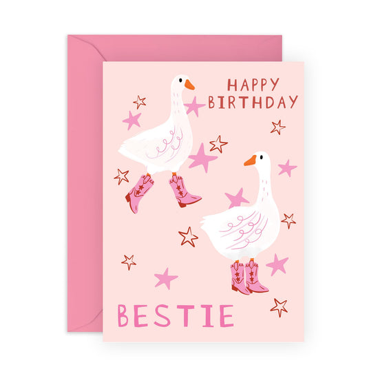 Bestie's Birthday Card - 'Geese Birthday Bestie' - Gifts for Best Friends, Besties, BFF,Girlfriends, Sister, Sis, Gals, Her - Geese in Boots - Comes with Fun Stickers