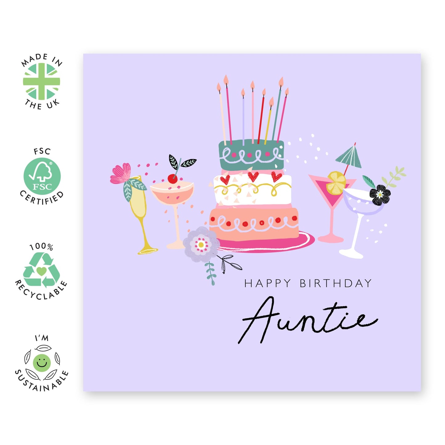 Happy Birthday Auntie Greeting Card - Cakes Cocktails Purple Cards And Envelopes - Aunt Birthday Card For Her - Heartfelt Gifts For Women Female Tia Aunty - Comes With Stickers By Central 23