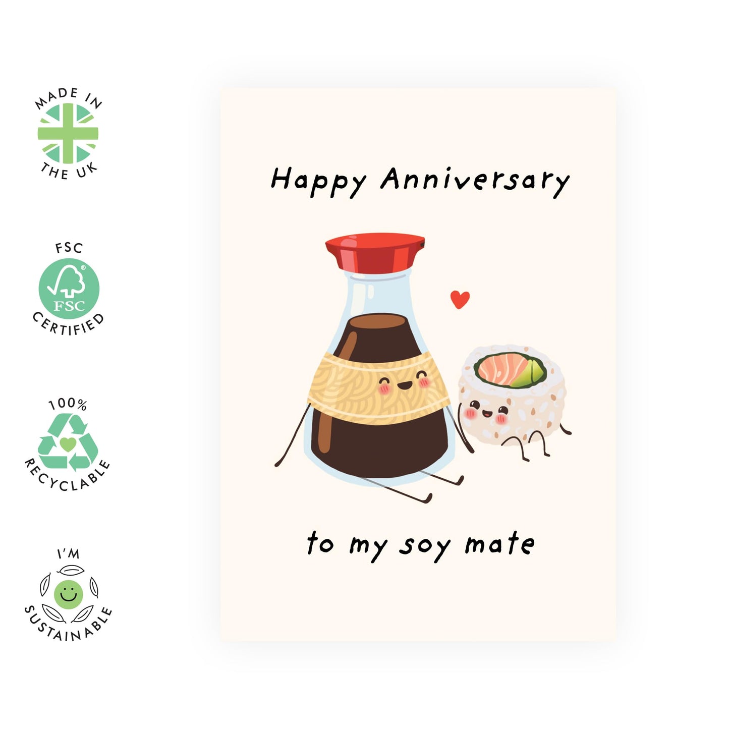 Cute Anniversary Card For Him Her - 'Soy Mate' - Gifts for Babe, Girlfriend, Boyfriend, Husband, Wife, Spouse - Sushi and Soy Sauce - Comes with Fun Stickers