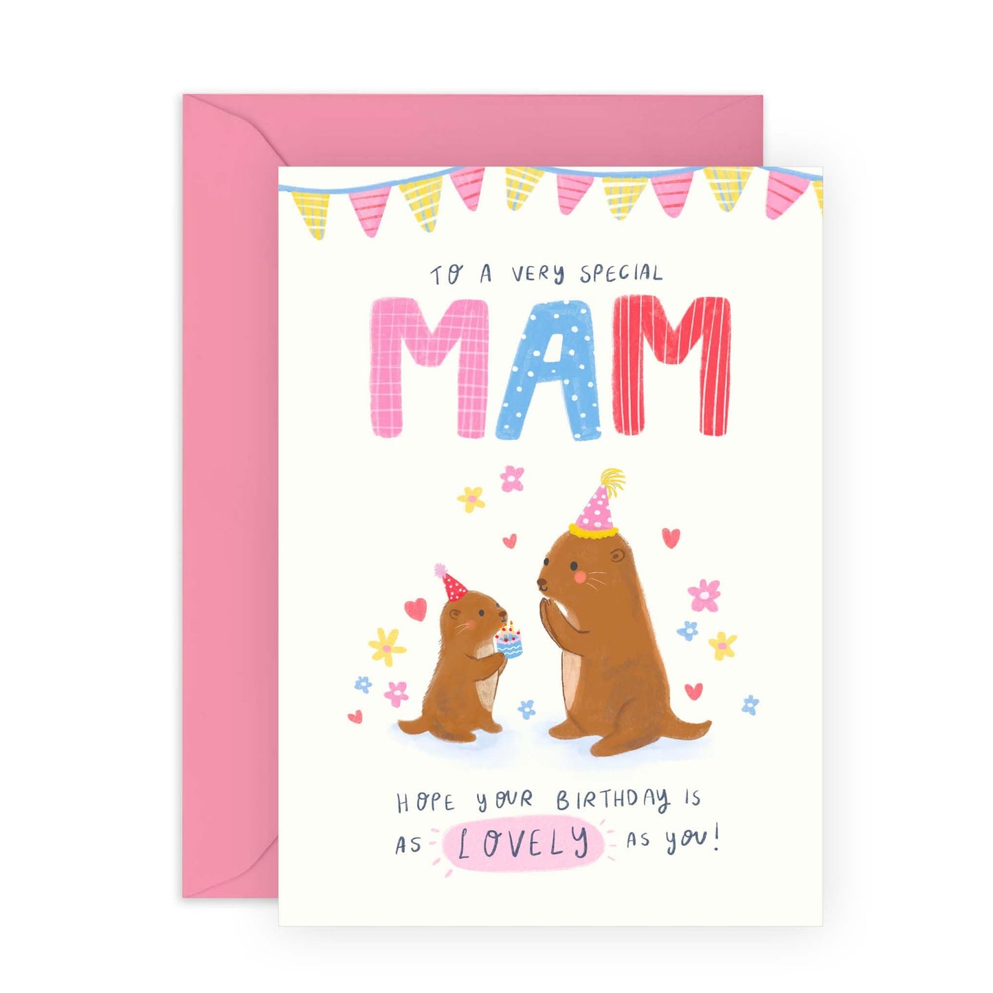 Lovely Mam Birthday Card - 'Otter Mam' - Presents for Mum, Mother, Ma, Mammy, Mama from Kids, Children, Family - Heartfelt Mothers Day Card for Her - Bday Party & Cake - Comes with Fun Stickers