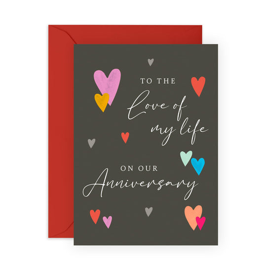 Romantic Anniversary Card - 'Love Of Life Anniversary' - Gifts for Wife, Husband, Girlfriend, Boyfriend, Him, Her, Spouse, Married Couples, Babe - Red & Blue Hearts - Comes with Fun Stickers