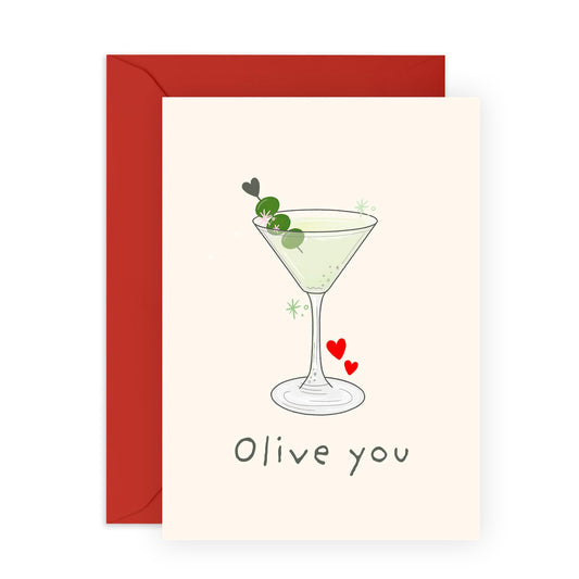 Romantic Pun Card - "Olive You" - Gifts for Him, He, Partner, Couples, Babe - Funny Love Greeting Card for Anniversary, Valentine’s Day, or Birthday's - Martini Glass Design