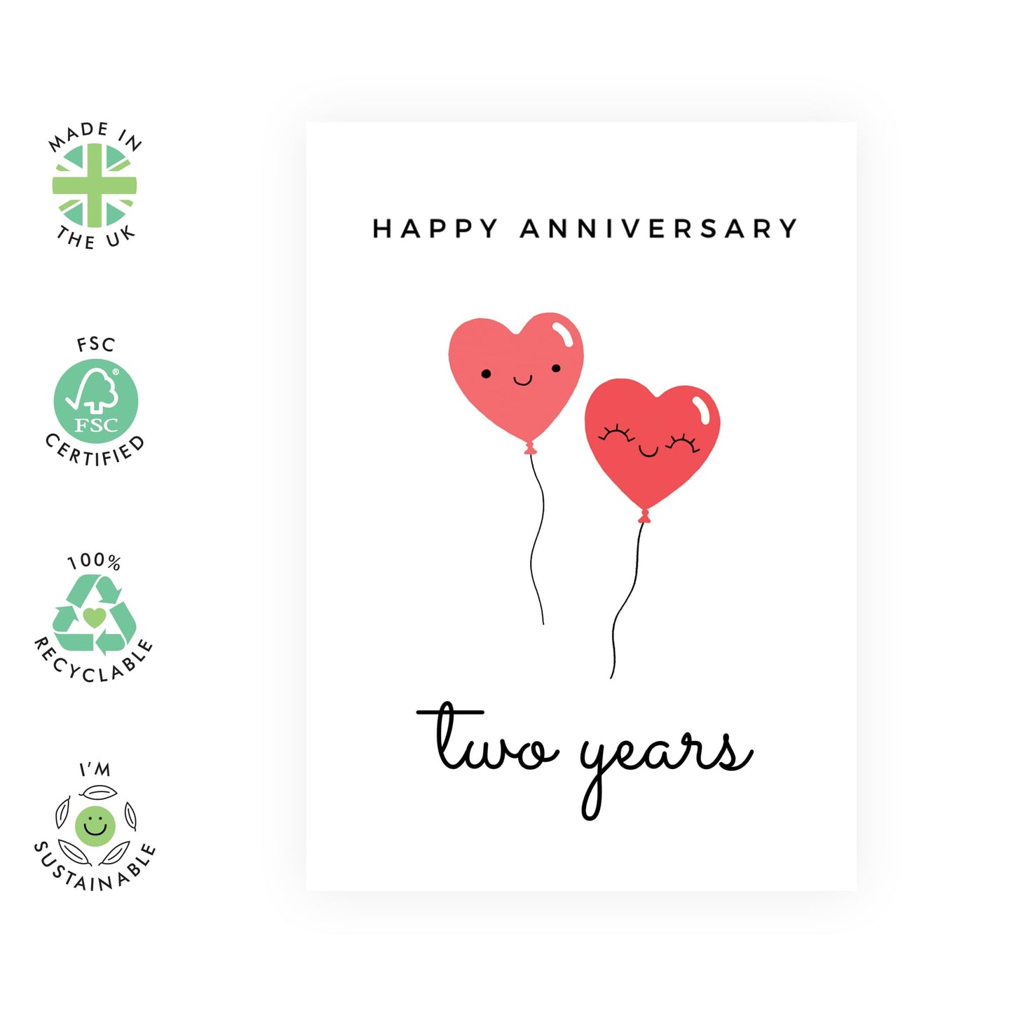 Cute 2nd Anniversary Card for Her or Him - 'Heart Balloon 2' - Gifts for Girlfriend, Boyfriend, Husband, Wife, Spouse, Babe, Lovebug, Darling, Hun, Other Half - Second - Comes with Fun Stickers