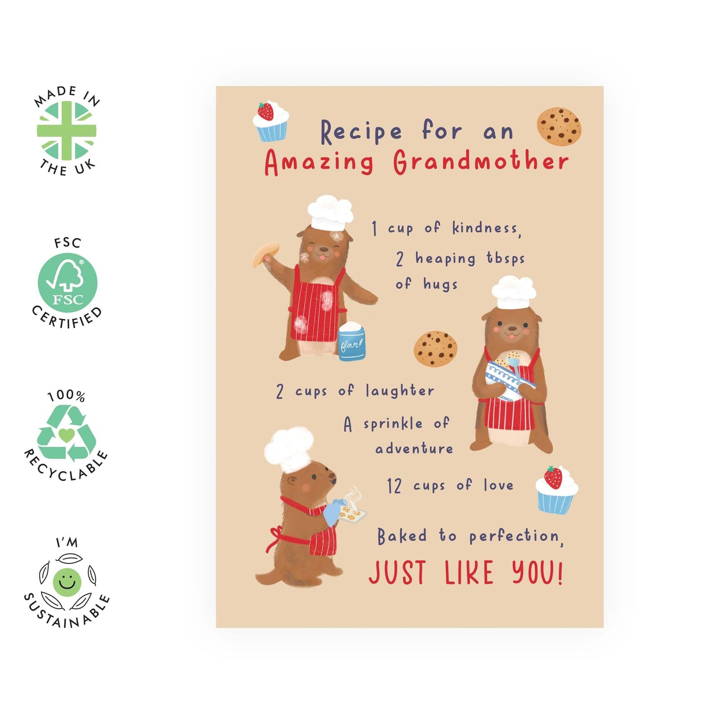 Grandmother Birthday Card - Recipe - Otter Birthday Cards For Women - Gifts for Gran, Granny, Grandma, Nan, Women, Ladies from Grandson or Granddaughter - Mother's Day Card - Comes With Stickers