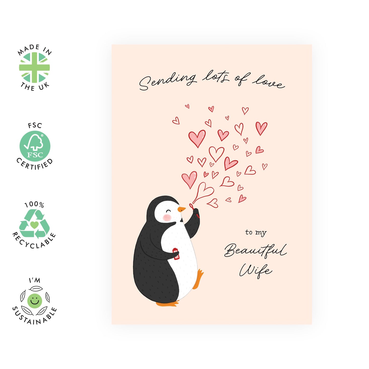 Cute Penguin Wife Love Card – Sending Lots of Love - Romantic Greeting Card for Her, Babe, Women, Ladies, Couples, Partner - Anniversary, Birthday, Valentines Day - Comes with Stickers