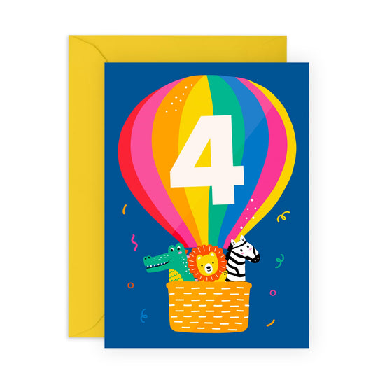 Happy 4th Birthday Card Boy - Alligator Lion Zebra - Hot Air Balloon - Age Four - Fourth Birthday Greeting Cards For Girls - Kids Birthday Card - Comes With Stickers - By Central 23