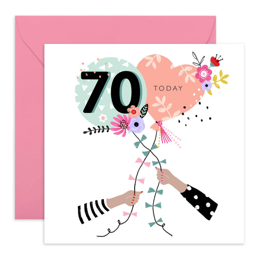 70th Birthday Card For Women - Balloons - Greeting Cards Birthday Female - Cute Birthday Cards For 70 Year Old - Age Seventy - For Mum Nan Auntie - Comes With Stickers - By Central 23