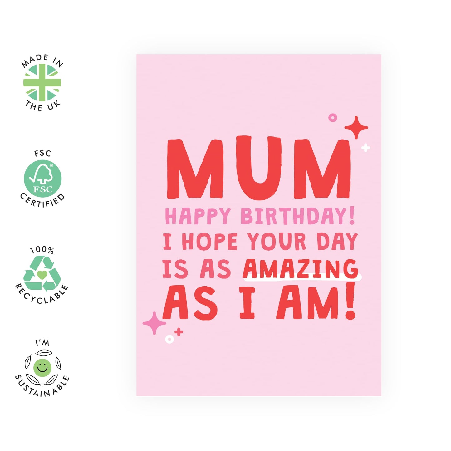 Happy Birthday Card - 'Mum Amazing As I Am' - Gifts for Mother, Mummy, In-Law, Step Mum, Mam, Family - Enjoy your day - Comes with Fun Stickers