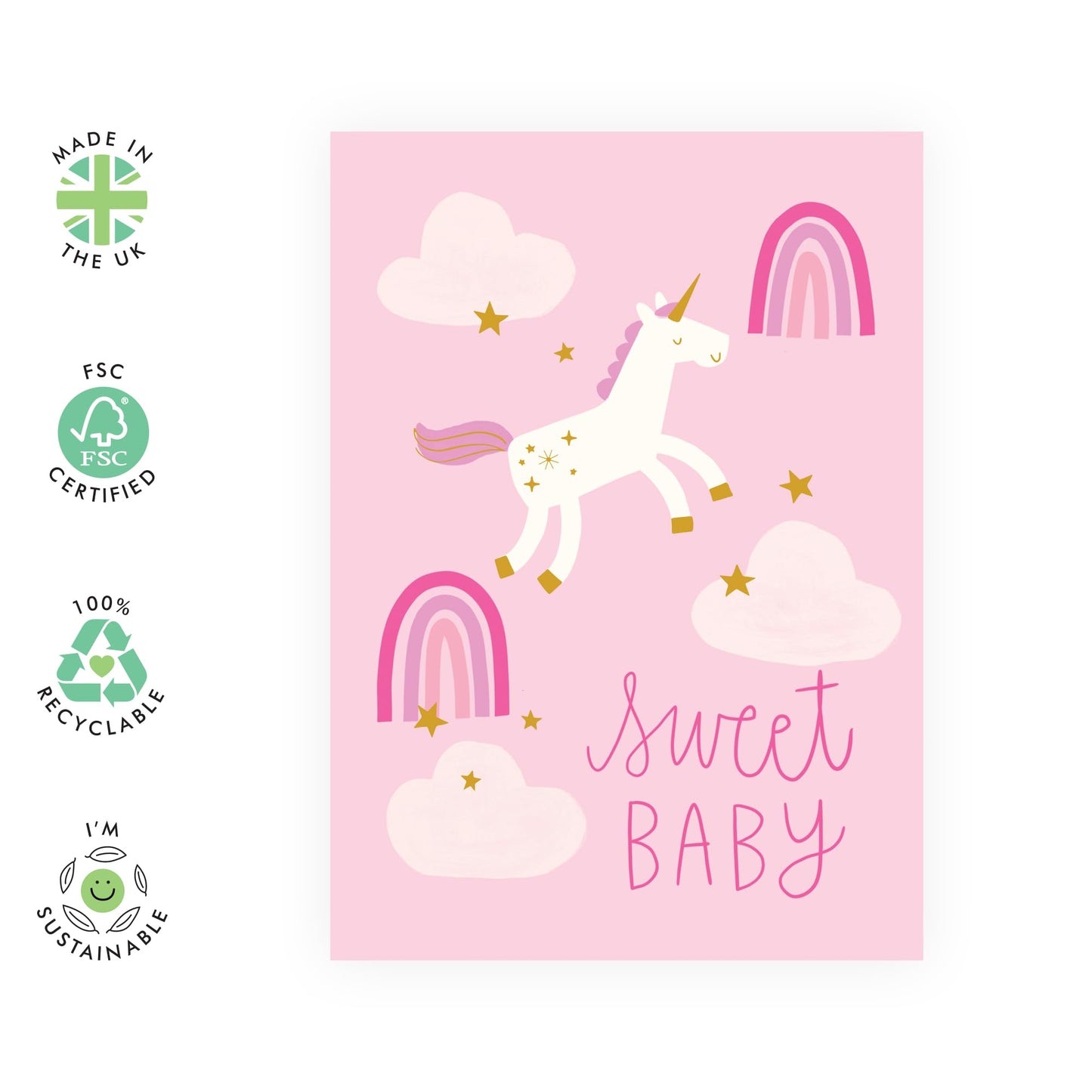 Greeting Card - 'SWEET BABY UNICORN' - Perfect for Celebrating the Arrival of a New Baby Girl with a Touch of Sweetness - Ideal for Announcements or Baby Showers - Comes with Stickers by Central 23