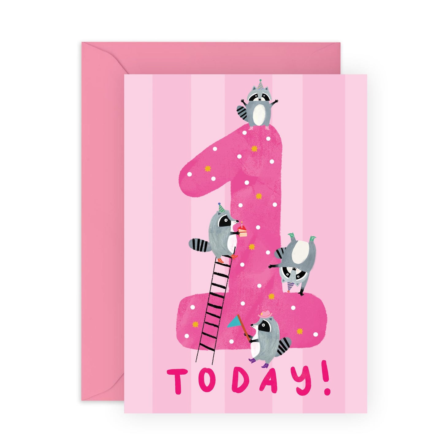1st Birthday Greeting Card - 'Raccoons Pink One' - Gift for Girls, Daughter, Kids, Children, Toddlers, Baby - First Ever Bday - Comes with Fun Stickers