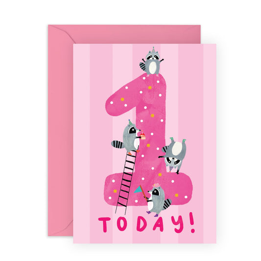 1st Birthday Greeting Card - 'Raccoons Pink One' - Gift for Girls, Daughter, Kids, Children, Toddlers, Baby - First Ever Bday - Comes with Fun Stickers