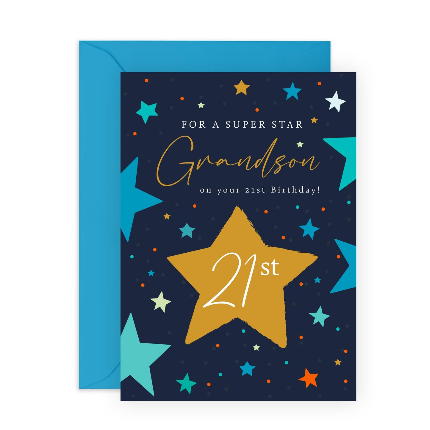 Grandson's 21st Birthday Card - 'Superstar Grandson 21st' - Gifts for Young Men, Family, Men, Guys, Him, Grandkids from Grandma & Grandad - 21 Years & Stars - Comes with Fun Stickers
