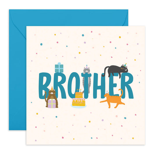 Brother's Birthday Greeting Card - 'Birthday Cats Brother' - Gift for Step Bro, Bruv, Lad, Mate, Sibling, Boys, Guys, Him - Cat In Hats - Comes with Fun Stickers