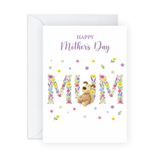 Floral Mother’s Day Card – Mum Cute Puppy Flower Letters - Colourful Greetings for Mums Mummy Mama Wife Her Women Ladies from Children Kids - Comes with Sweet Stickers