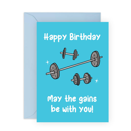Funny Birthday Cards For Men - Gains Be With You - Humorous Birthday Card For Husband Boyfriend - Brother Birthday Cards - Comes With Stickers - Blank Inside - By Central 23