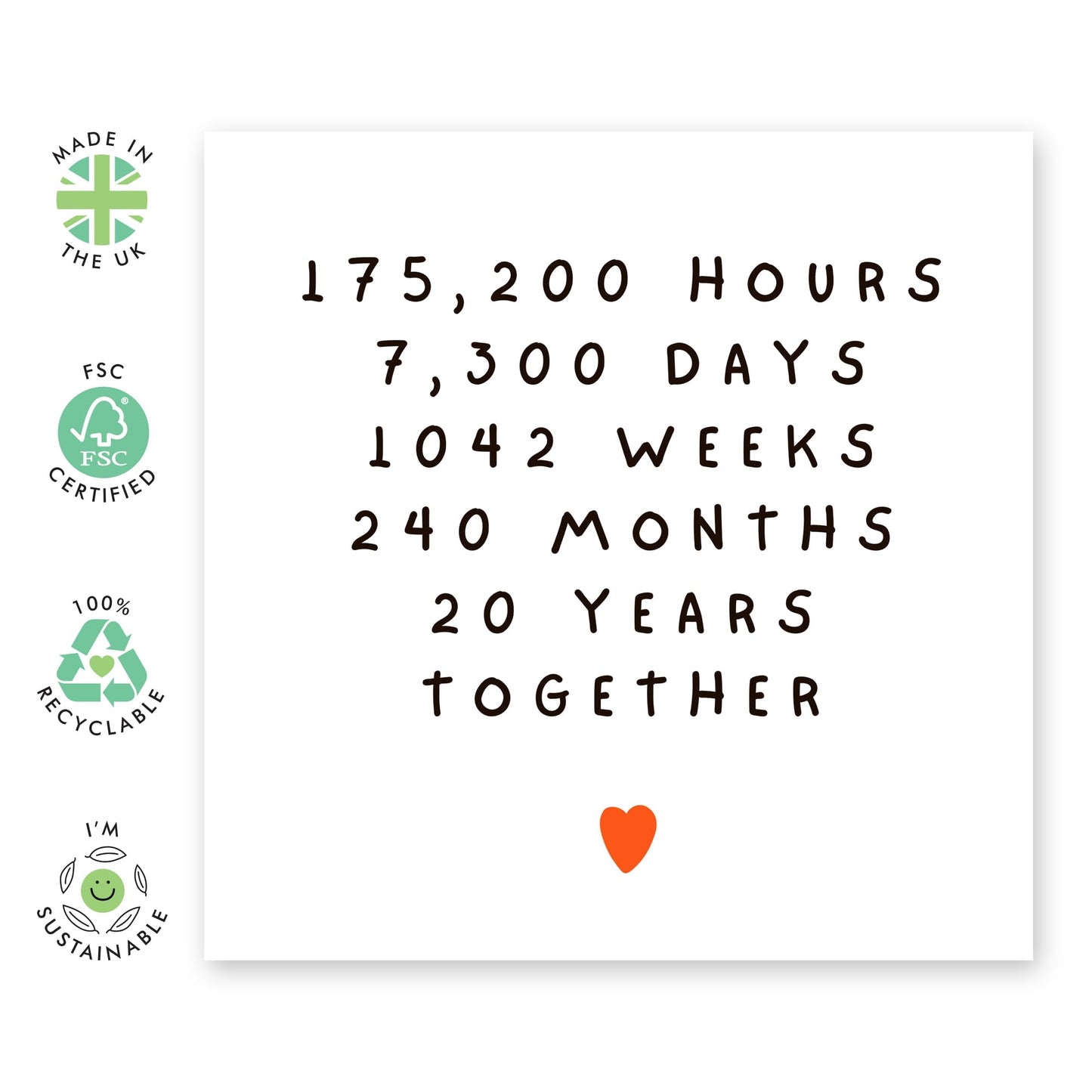 20th Anniversary Card Time Spent - '20 Years Together' - Gifts for Wife, Husband, Spouse, Babe, Honey - Hours Days Weeks Months - Comes with Fun Stickers