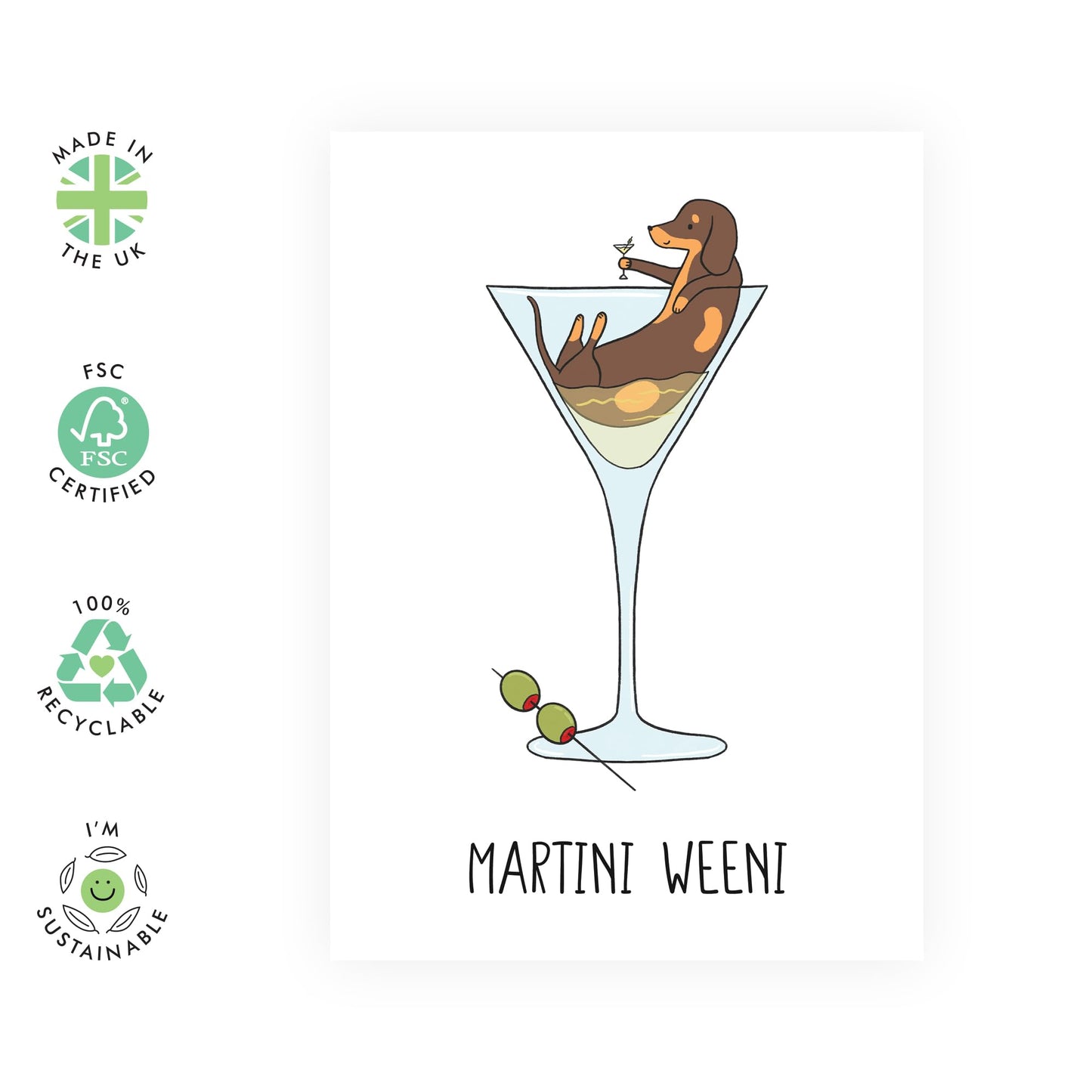 Cocktail Happy Birthday Card - 'Martini Weeni Sausage Dog' - Gifts for Friends, Coworkers, Colleague, Cousin, BFF, Neighbours Uncle, Brother - Drink with Olives - Comes with Fun Stickers