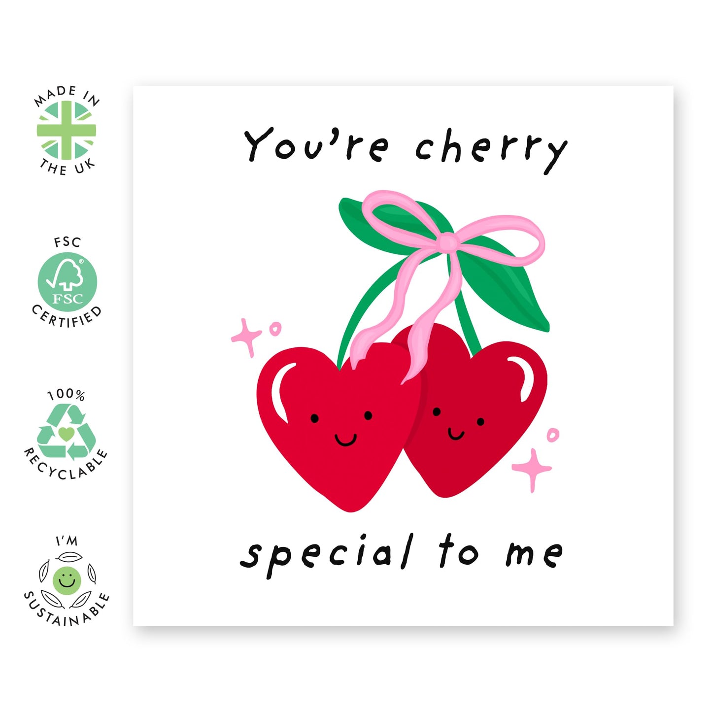 Cherry-Themed Love Card - "You're Cherry Special to Me" - Cute Anniversary or Valentine's Day Card for Partner, Spouse, Boyfriend, Girlfriend, Him or Her - Comes with Fun Stickers