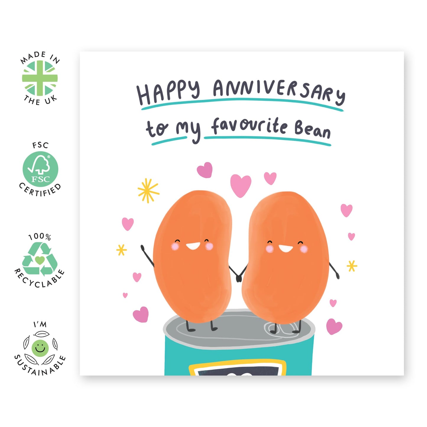 Anniversary Greeting Card - 'HAPPY ANNIVERSARY BEAN' - Perfect for Celebrating Your Special Someone - Ideal for Adding a Touch of Playfulness to Your Special Day - Comes With Stickers By Central 23