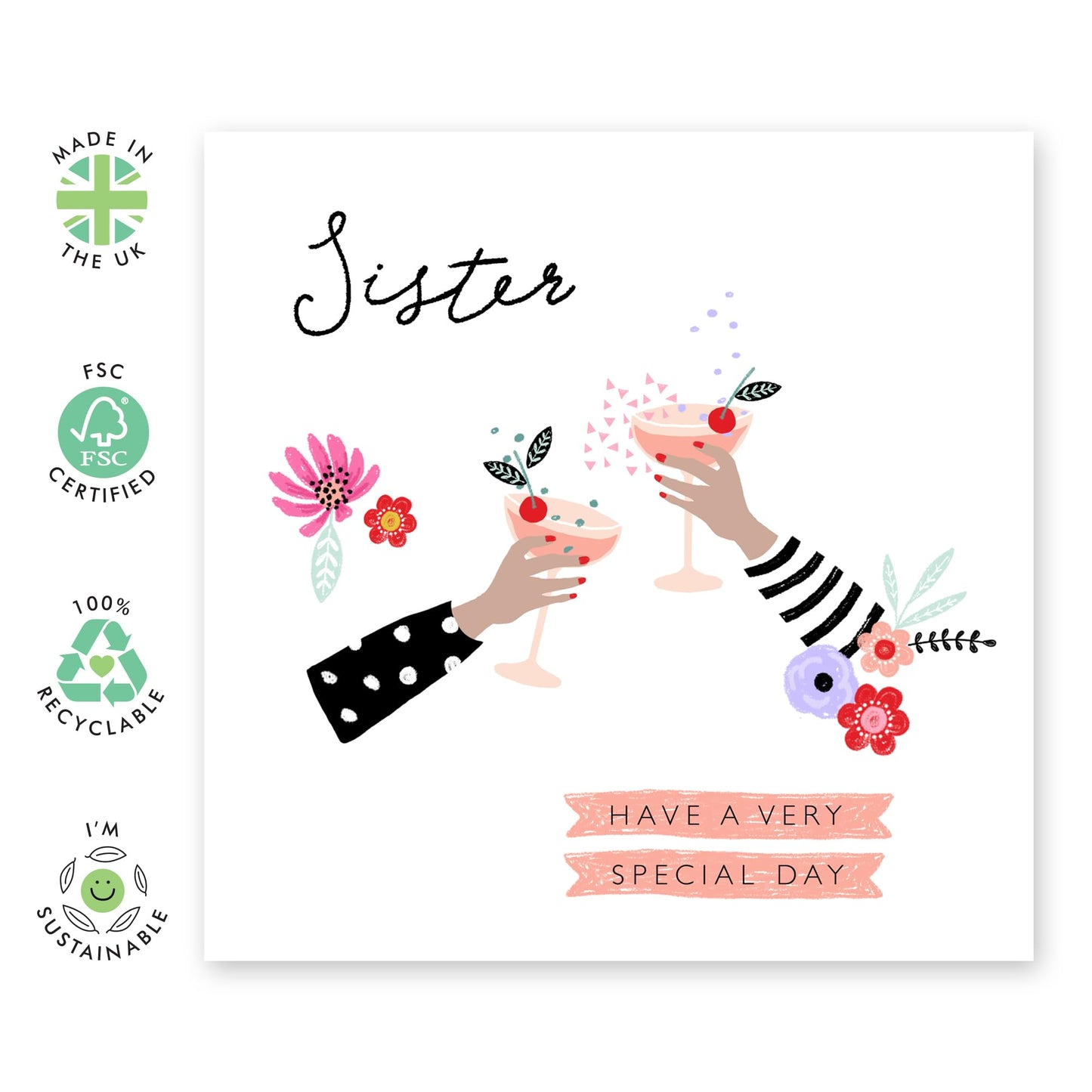 Birthday Card For Sister - Cocktail Drinks Cheers - Celebration Greeting Cards And Envelopes For Her - Birthday Card For Women Female Sibling - Comes With Fun Stickers By Central 23