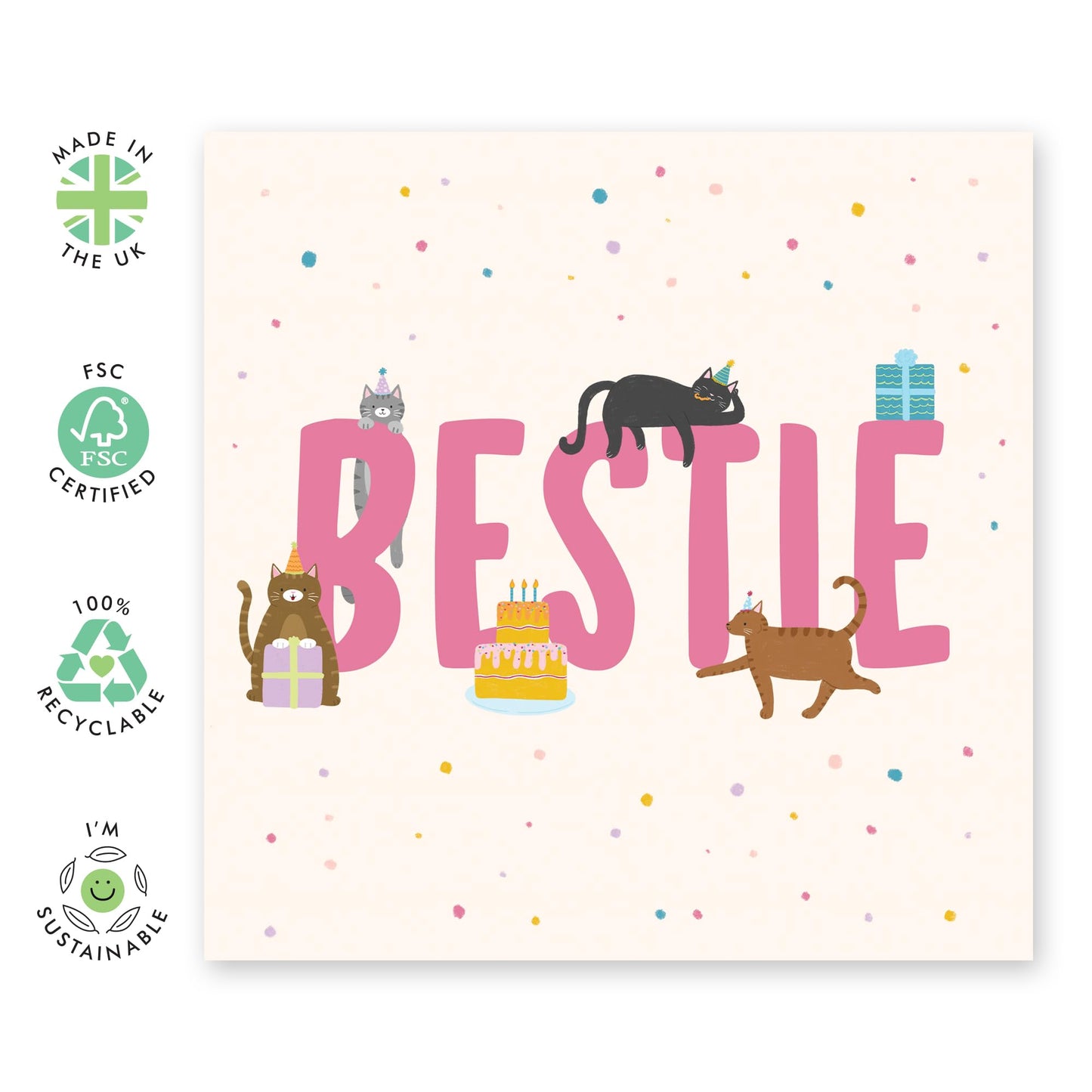 Best Friend's Birthday Greeting Card - 'Birthday Cats Bestie' - Gift for Besties, BFF, Girlfriends, Gals - Cat In Hats - Comes with Fun Stickers