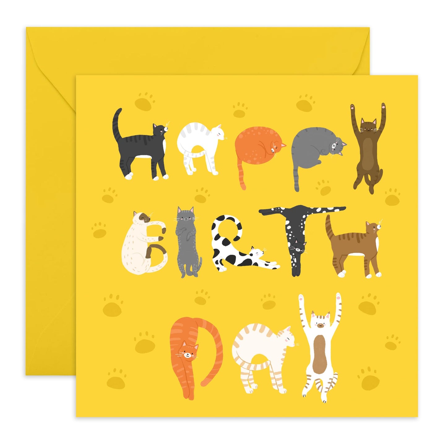 Cute Pets Birthday Card - 'Yellow Cat Birthday' - Gift for Cat Lovers, Owners, Fur Parents, Fur Mum and Dad, Kids, Children - Cat Letterings - Comes with Fun Stickers
