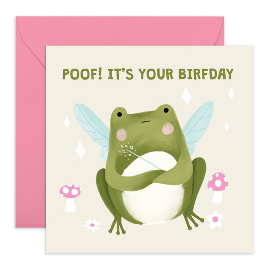 Cute Birthday Card For Women - Poof It's Your Birthday - Frog Fairy - Cute Birthday Cards For Her - Gifts For Best Friend Sister Cousin Female Ladies - Comes With Stickers - By Central 23
